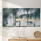 Three-panel canvas wall art featuring saturated abstract color fields, displayed in a minimalist living room above a console table.