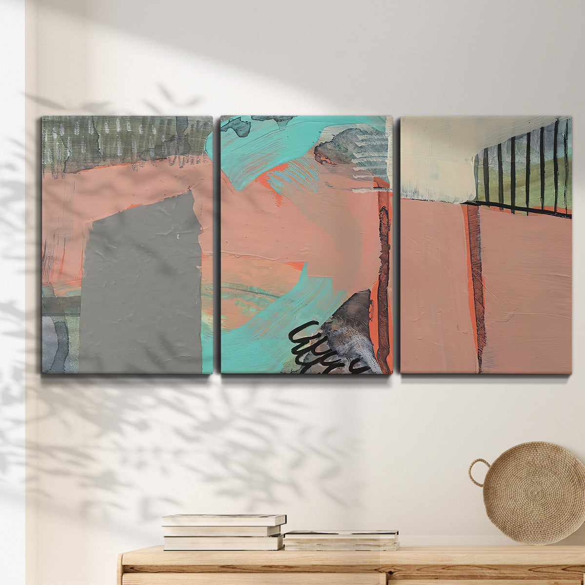Three-panel canvas wall art featuring layered mid century abstract pathways, displayed in a minimalist living room above a console table.