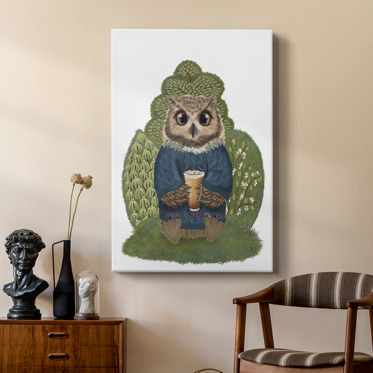 Latte Owl in Sweater - Canvas Art Print