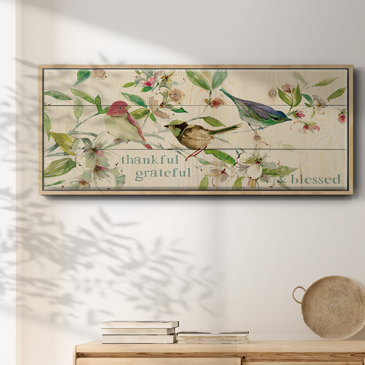 Grateful Thankful Blessed Birds - Floater Framed Canvas Print