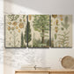Three-panel canvas wall art featuring vintage floral botanical collage, displayed in a minimalist living room above a console table.