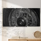 Three-panel canvas wall art featuring vintage car grille detail, displayed in a minimalist living room above a console table.