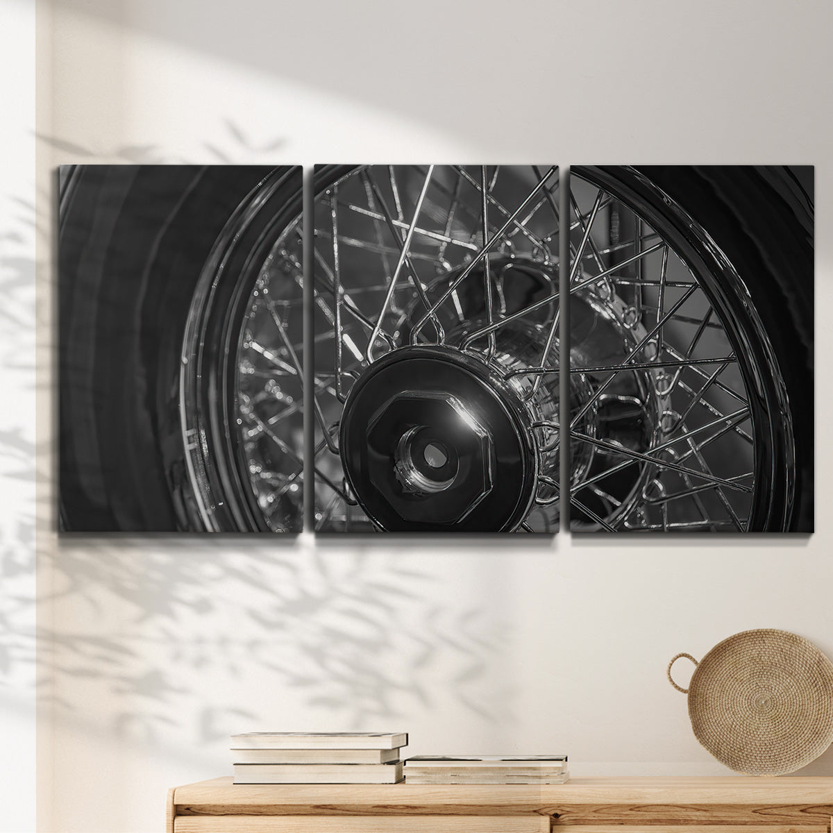 Three-panel canvas wall art featuring vintage car grille detail, displayed in a minimalist living room above a console table.