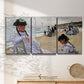 Three-panel canvas wall art featuring figures walking along sandy beach, displayed in a minimalist living room above a console table.