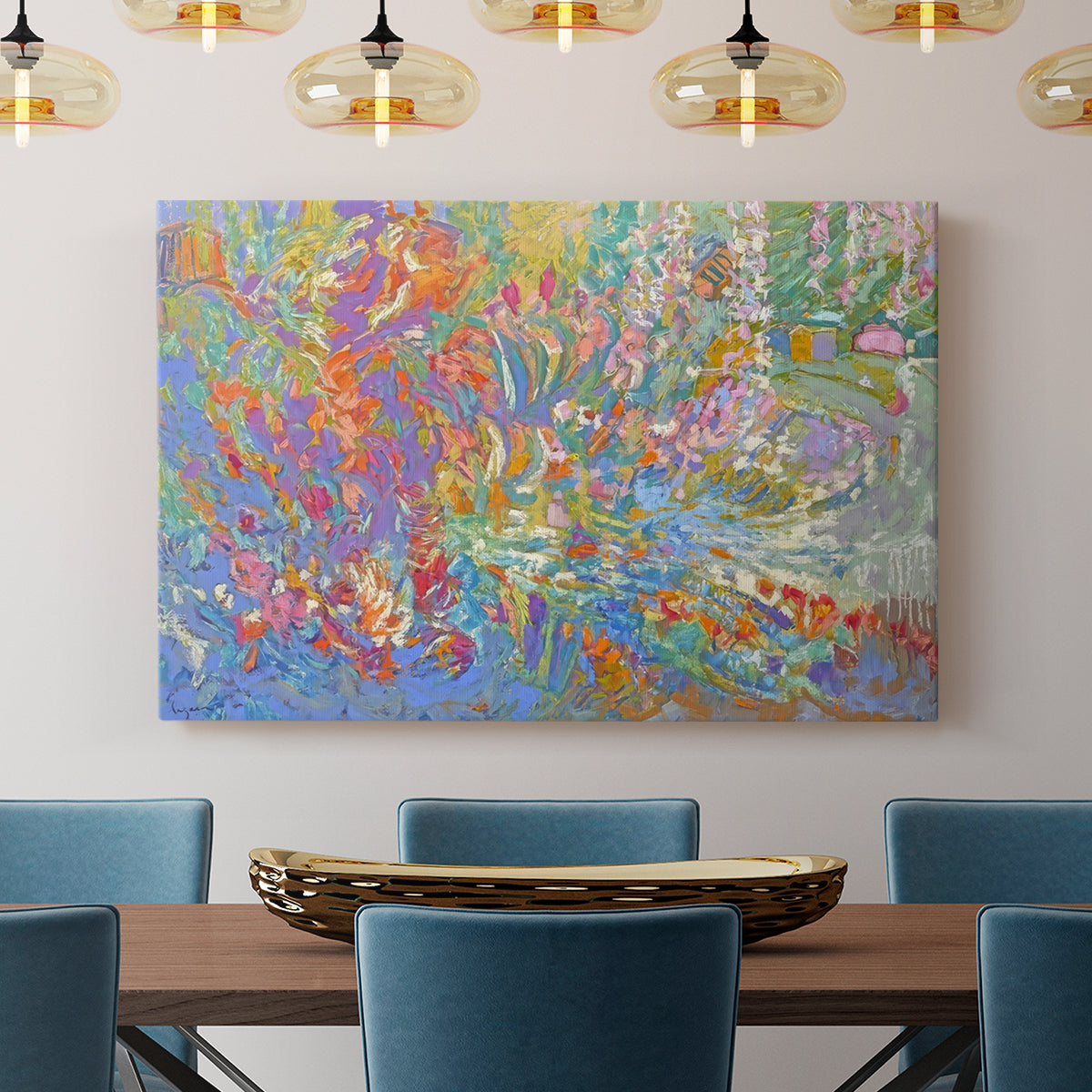 Vibrant display of colors depicting a lush garden blooming with flowers in an abstract style reflecting serenity and joy