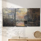 Three-panel canvas wall art featuring winter river sunset with reflections, displayed in a minimalist living room above a console table.