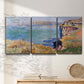 Three-panel canvas wall art featuring coastal village view near dieppe, displayed in a minimalist living room above a console table.