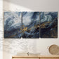 Three-panel canvas wall art featuring soft abstract landscape anticipation tones, displayed in a minimalist living room above a console table.