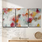 Three-panel canvas wall art featuring abstract directional visual shift, displayed in a minimalist living room above a console table.