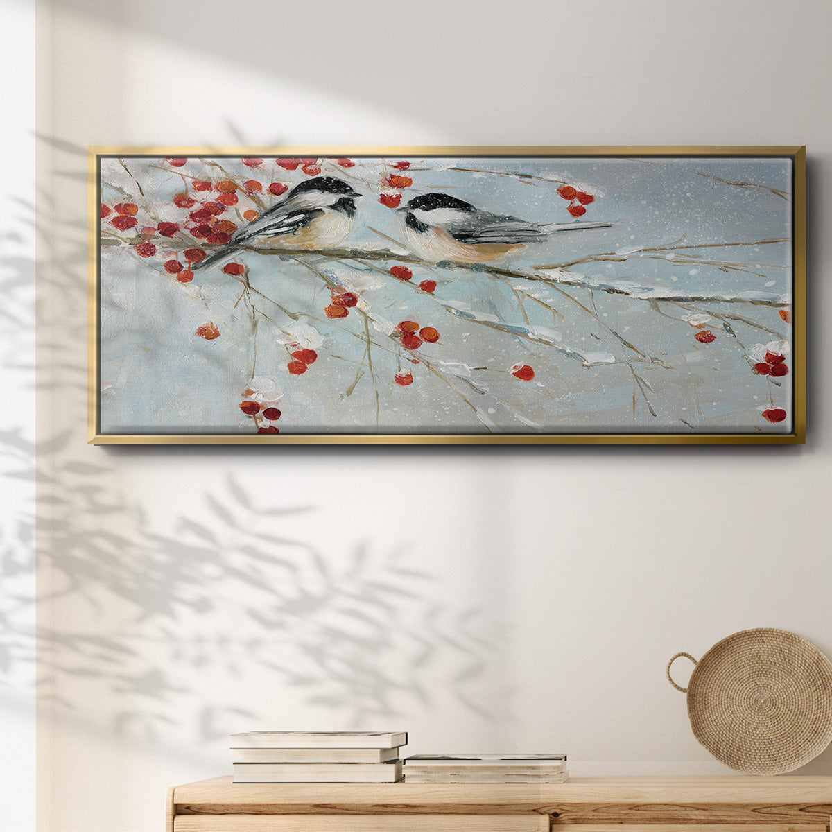 Chickadees in Winter - Floater Framed Canvas Print