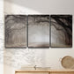 Three-panel canvas wall art featuring tree lined plantation road, displayed in a minimalist living room above a console table.