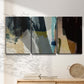 Three-panel canvas wall art featuring layered neutral abstract textures, displayed in a minimalist living room above a console table.