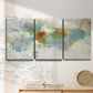 Three-panel canvas wall art featuring abstract suggestion of discovery, displayed in a minimalist living room above a console table.