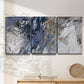Three-panel canvas wall art featuring textured blue abstract composition, displayed in a minimalist living room above a console table.