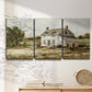 Three-panel canvas wall art featuring rural farmhouse harvest landscape, displayed in a minimalist living room above a console table.