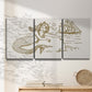 Three-panel canvas wall art featuring whimsical mermaid resting by sea, displayed in a minimalist living room above a console table.