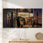 Three-panel canvas wall art featuring cinematic nighttime theater scene, displayed in a minimalist living room above a console table.