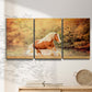 Three-panel canvas wall art featuring running horses captured in motion, displayed in a minimalist living room above a console table.