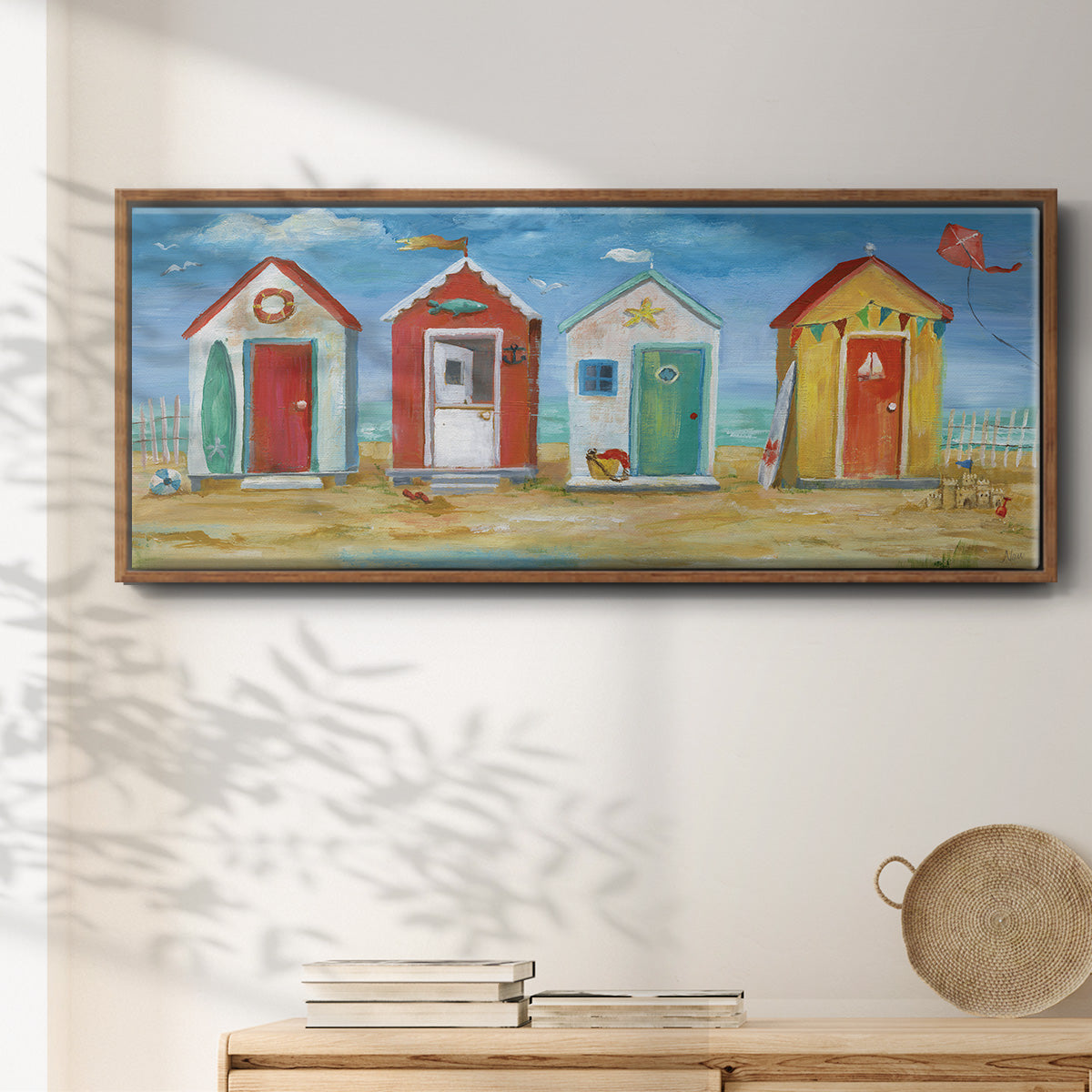 Bright Beach Huts - Floater Framed Canvas Print