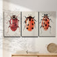 Three-panel canvas wall art featuring ladybugs on green foliage, displayed in a minimalist living room above a console table.