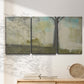 Three-panel canvas wall art featuring tall abstract tree form, displayed in a minimalist living room above a console table.