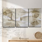 Three-panel canvas wall art featuring soft abstract meditative color balance, displayed in a minimalist living room above a console table.