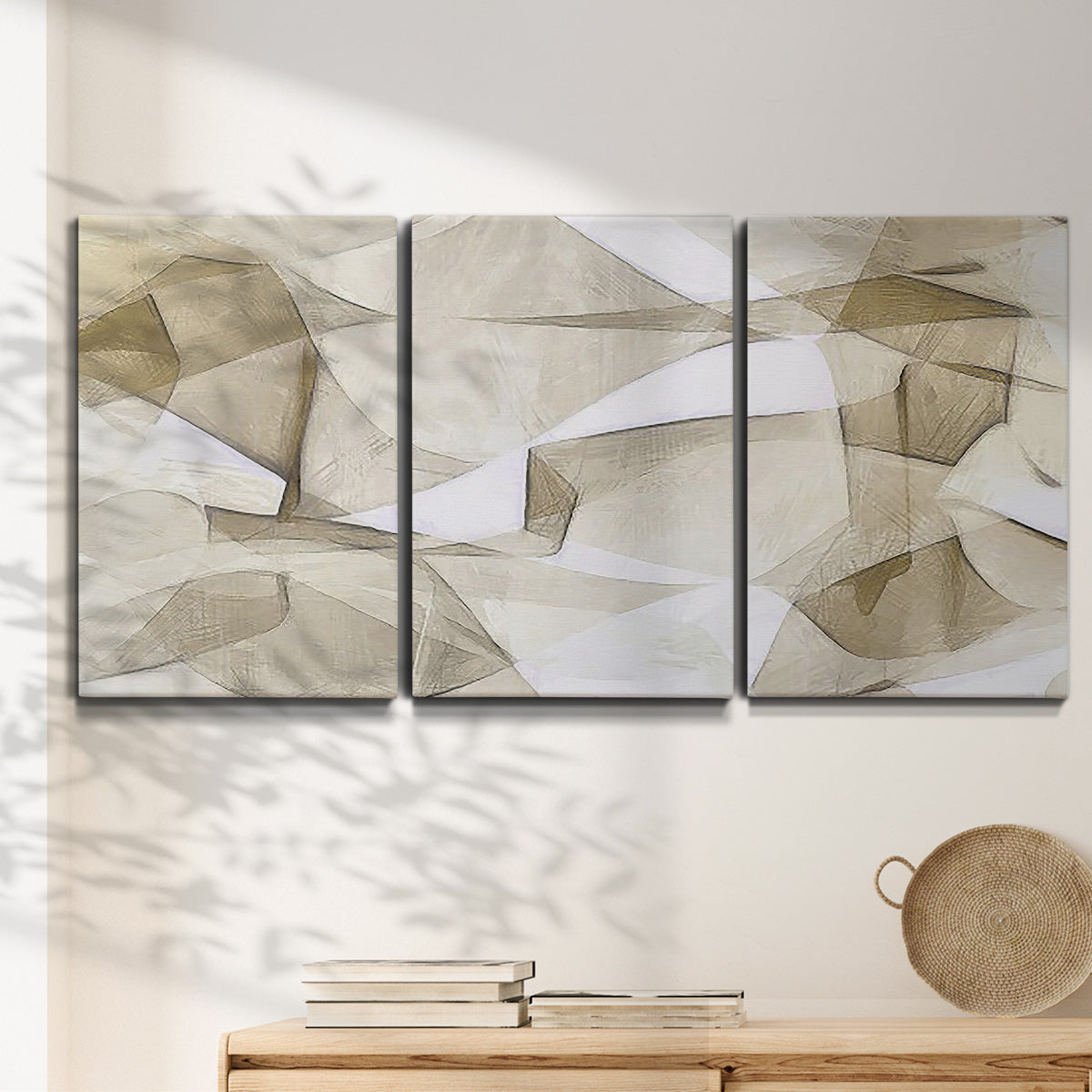 Three-panel canvas wall art featuring soft abstract meditative color balance, displayed in a minimalist living room above a console table.