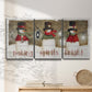 Three-panel canvas wall art featuring misty harbor sunrise with boats, displayed in a minimalist living room above a console table.