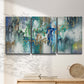 Three-panel canvas wall art featuring joyful abstract color harmony, displayed in a minimalist living room above a console table.