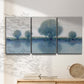 Three-panel canvas wall art featuring calm afternoon river reflection, displayed in a minimalist living room above a console table.