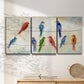 Three-panel canvas wall art featuring whimsical animal chatter illustration, displayed in a minimalist living room above a console table.