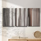 Three-panel canvas wall art featuring riverbank landscape with reflections, displayed in a minimalist living room above a console table.