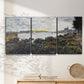 Three-panel canvas wall art featuring river with boats and shoreline, displayed in a minimalist living room above a console table.