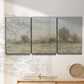 Three-panel canvas wall art featuring late season rural harvest fields, displayed in a minimalist living room above a console table.