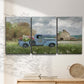 Three-panel canvas wall art featuring vintage blue truck with flower load, displayed in a minimalist living room above a console table.