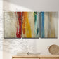 Three-panel canvas wall art featuring abstract divided color hemisphere forms, displayed in a minimalist living room above a console table.