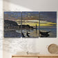 Three-panel canvas wall art featuring river at dusk with fading light, displayed in a minimalist living room above a console table.