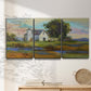 Three-panel canvas wall art featuring rural barn landscape with fields, displayed in a minimalist living room above a console table.