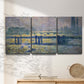 Three-panel canvas wall art featuring london bridge crossing wide river, displayed in a minimalist living room above a console table.