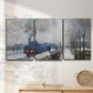 Three-panel canvas wall art featuring steam train in snowy landscape, displayed in a minimalist living room above a console table.