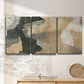 Three-panel canvas wall art featuring blurred mixed media abstract collage, displayed in a minimalist living room above a console table.
