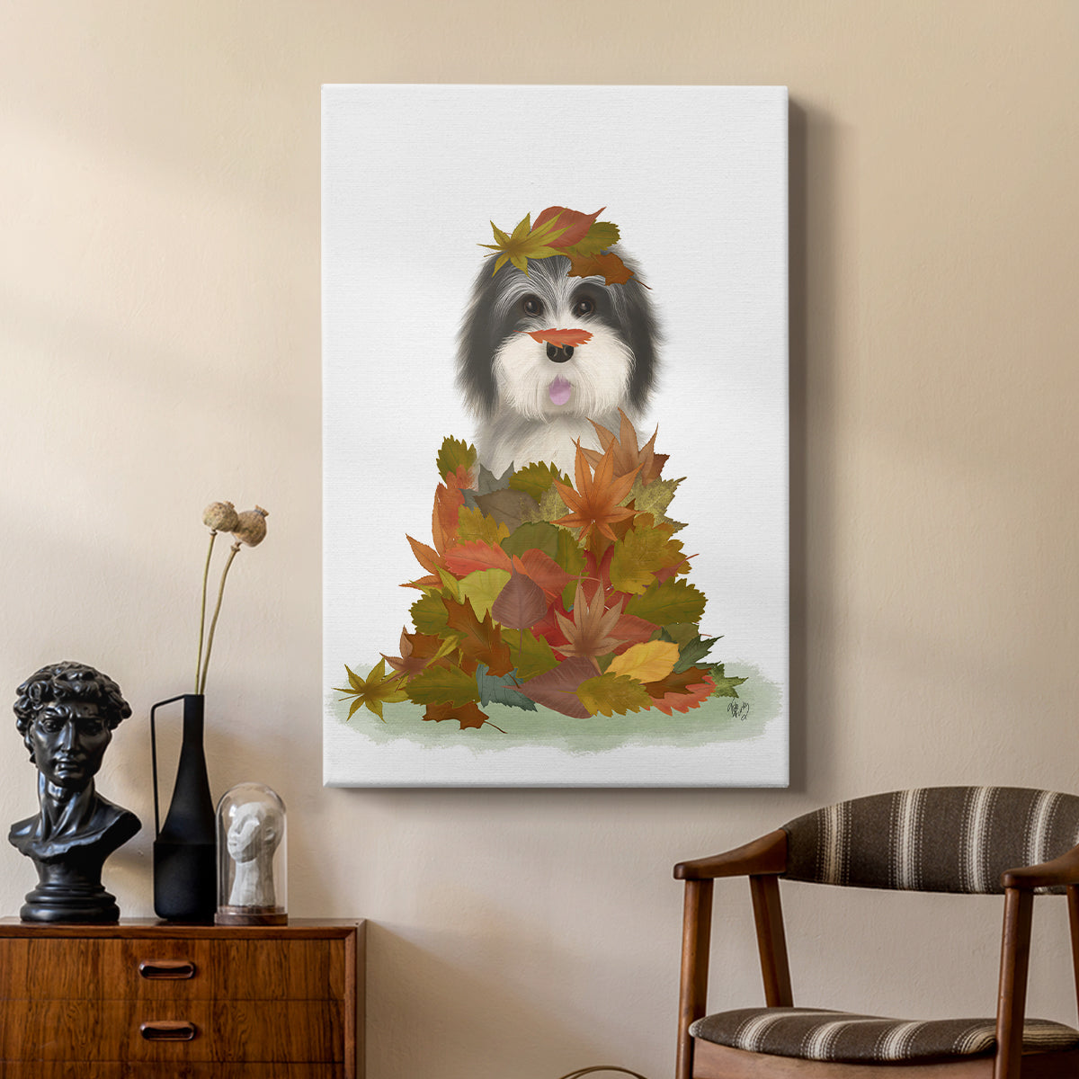 Landed in Autumn, Black and White Dog - Canvas Art Print