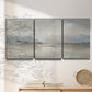 Three-panel canvas wall art featuring soft abstract horizon haze, displayed in a minimalist living room above a console table.