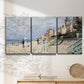 Three-panel canvas wall art featuring figures strolling along beach, displayed in a minimalist living room above a console table.