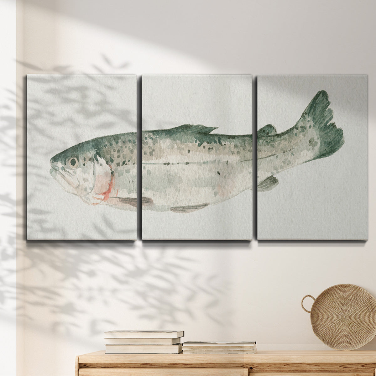 Three-panel canvas wall art featuring watercolor animal portrait, displayed in a minimalist living room above a console table.