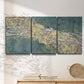Three-panel canvas wall art featuring soft abstract wind movement, displayed in a minimalist living room above a console table.