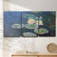 Three-panel canvas wall art featuring water lilies floating on pond, displayed in a minimalist living room above a console table.