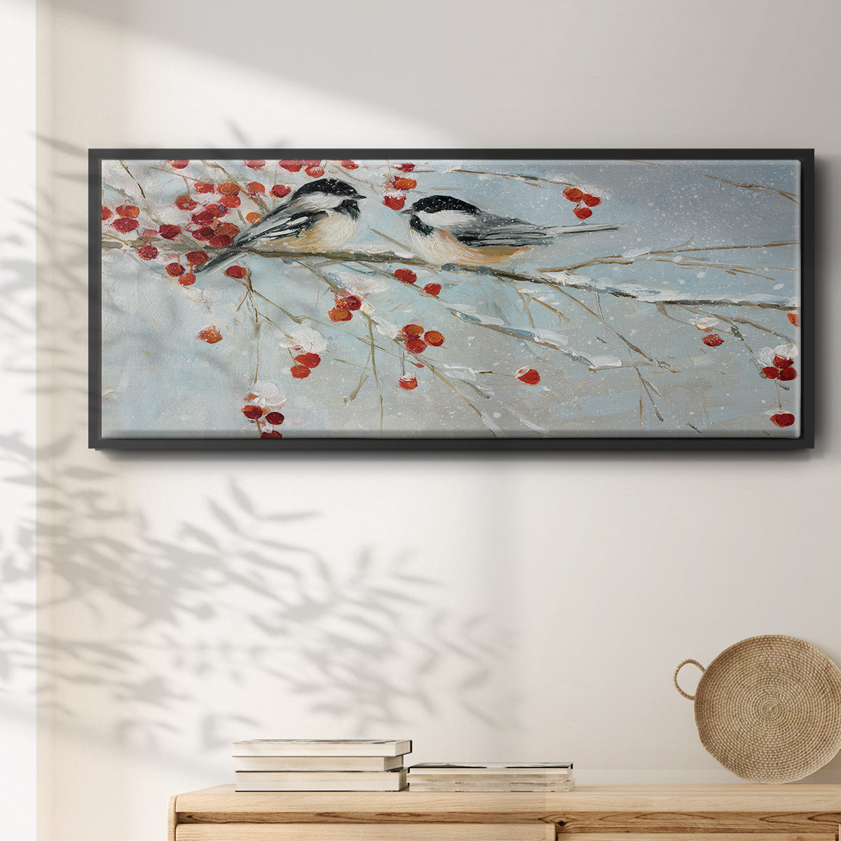 Chickadees in Winter - Floater Framed Canvas Print