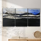 Three-panel canvas wall art featuring abstract passage of time composition, displayed in a minimalist living room above a console table.