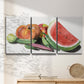 Three-panel canvas wall art featuring impressionist market still life, displayed in a minimalist living room above a console table.